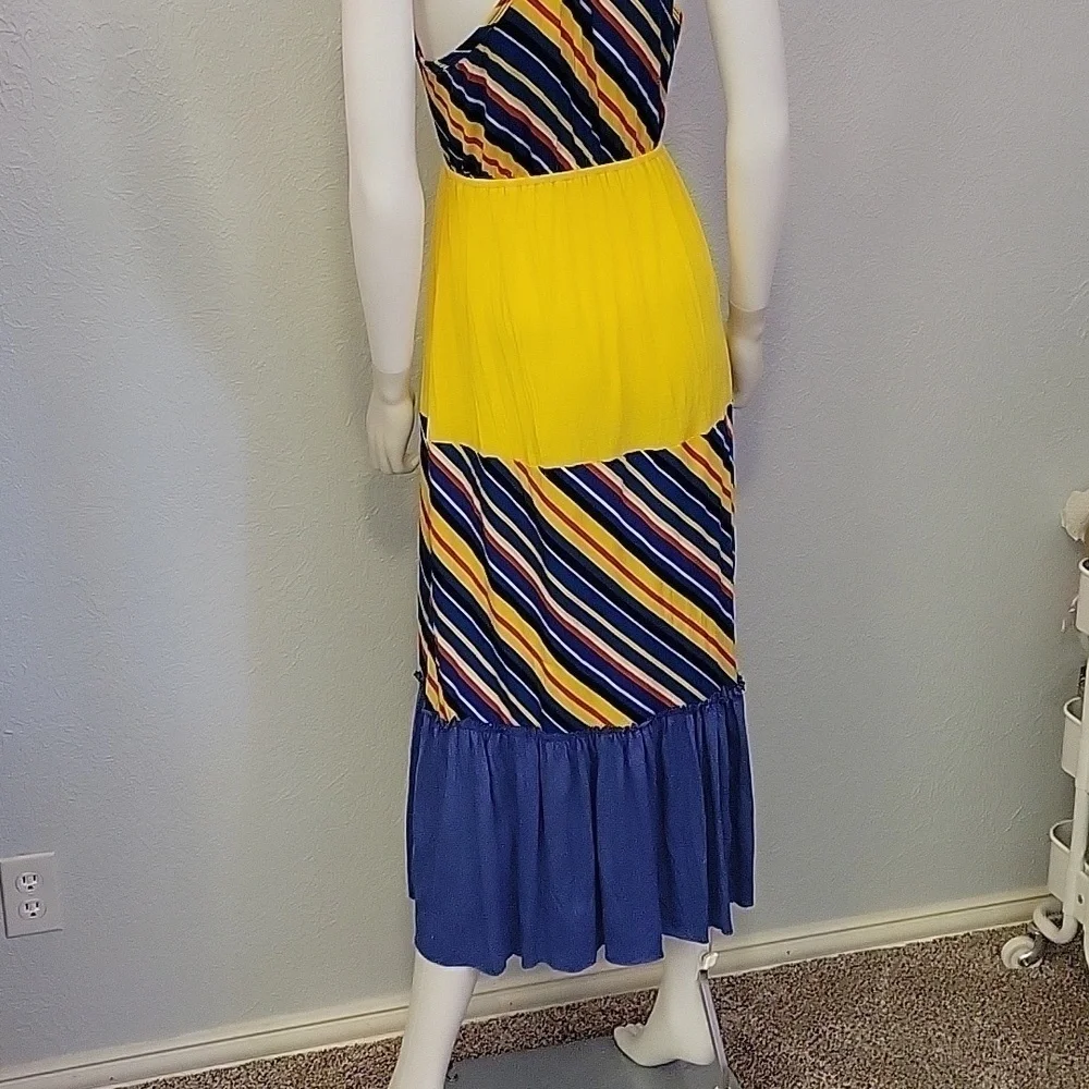 Vtg FASHION WEEK 1980s Rainbow Stripe Tiered Braided Colorblock Slip Dress